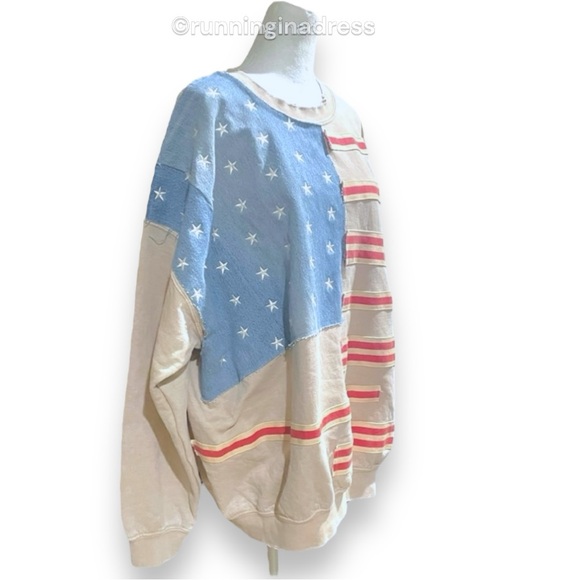 NWT Free People X Tricia Fix Stripes And Stars Pullover Size Large Tan Blue Red - Picture 6 of 15